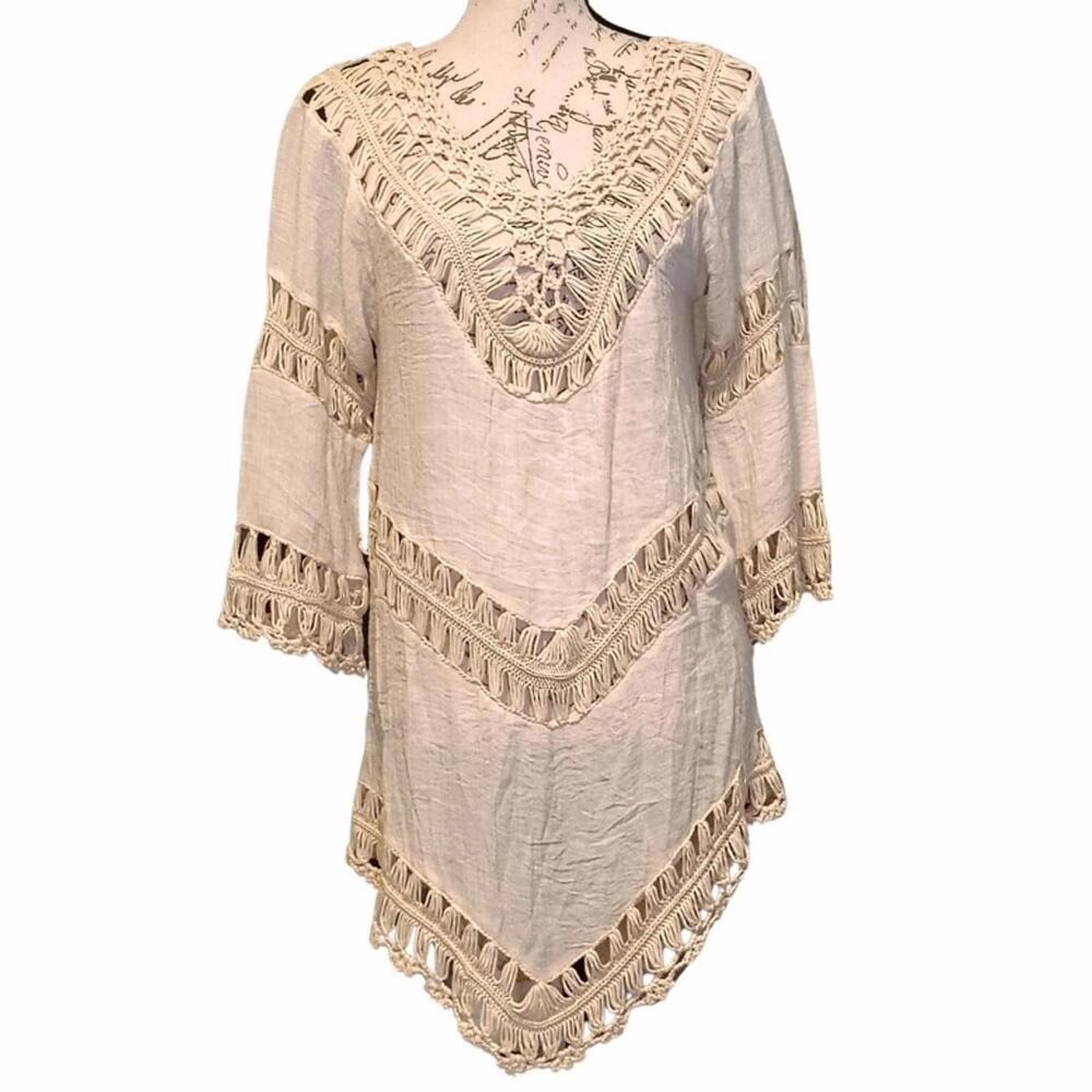 Boho Crochet Womens Tunic Top Swim Suit Cover Medium Asymmetrical 70s Coastal - Picture 3 of 6